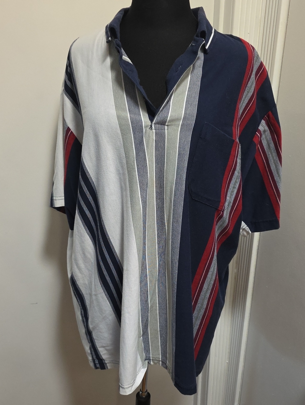Men's Short Sleeve Striped Polo - Navy, White & Red